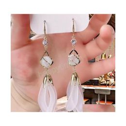 Dangle Lustre Mode Tempérament Déesse Long Gland Opale Blanc Pétale Dangle Boucles D'oreilles Pour Femmes Fille Classique Goutte Suspendue Oreille Dh6Ox