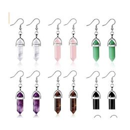 Dangle lustre mode fil enveloppe hexagone prisme boucles d'oreilles en pierre naturelle rose quartz guérison boucles d'oreilles en cristal boucle d'oreille pour les femmes juives Dhqkm