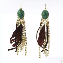 Dangle lustre plume cuir corde turquoise boucles d'oreilles pendantes diamant incrustation MTI étage imitation pierre naturelle goutte boucle d'oreille femmes Dhobj