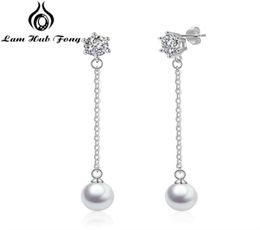 Dangle lustre véritable 925 en argent Sterling perle boucles d'oreilles goutte longue chaîne bijoux fins cadeau de mariage pour les femmes Lam Hub Fong5665379