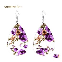 Bengelen kroonluchter echte lederen waterdrop print bloemen haak oorschelpen voor vrouwen uniek ontwerp 6 kleur drop mode statement earrin dhthbb