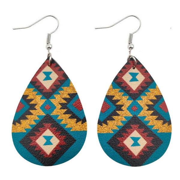 Dangle Lustre Géométrique Zigzag Motif UV Impression PU Cuir Larme Aztèque Boucles D'oreilles Pour Femmes Mode Bijoux Ethnique Bijoux Cadeaux Entier