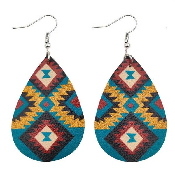 Dangle lustre géométrique Zigzag motif UV impression PU cuir larme aztèque boucles d'oreilles pour femmes mode Bijoux ethniques Bijoux G320d