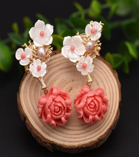 Lámpara colgante hecha a mano, pendientes de perlas blancas naturales de agua dulce para mujer, flor de Coral rosa, accesorios de joyería de buenos de lujo 3563127