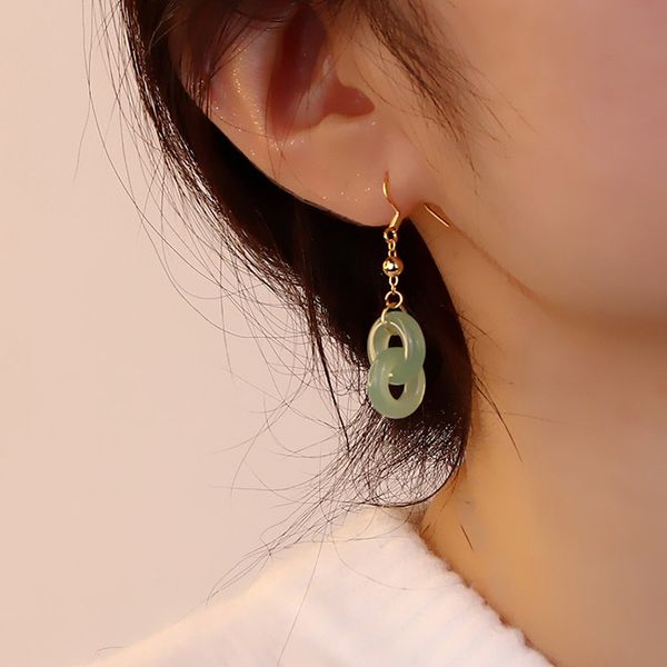 Dangle Chandelier Boucles d'oreilles boucle anneau jade Hetian Tempérament classique Boucles d'oreilles mariée Xiu Wo Boucles d'oreilles double anneau plaqué or boucles d'oreilles paix jade blanc