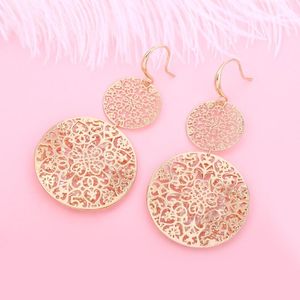 Dangle Lustre Creux Fleur Motif Ronde Longue Boucles D'oreilles Or Argent Couleur Cristal Goutte De Mode Femmes Bijoux Cadeaux Pour PartyDangle