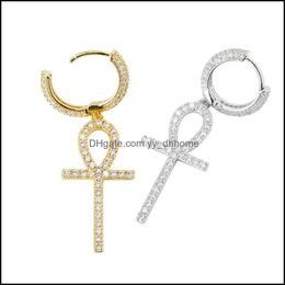 Dangle Lustre Glacé Zircon Ankh Croix Boucle D'oreille Or Sier Couleur Micro Pavé Bling Cz Pierre Boucles D'oreilles Pour Homme Femmes Hip Hop Yydhhome Dhpa4