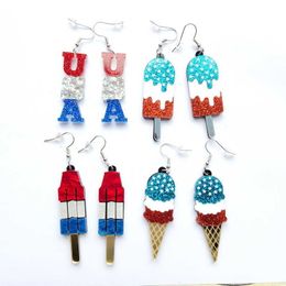 Dangle Chandelier INDEPENDENCE DAY Boucles d'oreilles pendantes en acrylique pour femmes Rouge Bleu Patriotique 4 juillet Drapeau américain Boucles d'oreilles imprimées Crème glacée Z0411