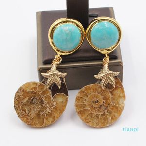 Dangle Lustre Bijoux Naturel Conque CZ Pave Étoile De Mer Couleur Or Plaqué Bleu Rond Turquoises Boucles D'oreilles À La Main Fo