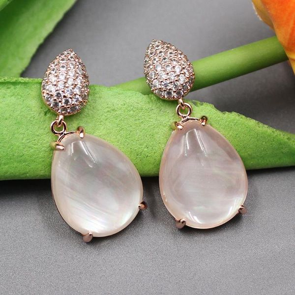 Dangle Lustre Bijoux Naturel Rose Quartz Cristal Blanc Nacre Coquille Cubique Zircone CZ Pave Boucles D'oreilles Mignon Pour Les FemmesDangl