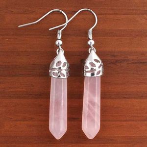 Dangle Kroonluchter KFT Natural Healing Crystal Rose Pink Quartz Stone Earring Lapis Lazuli Amethist Hexagon Column Dangle Hook Oorbellen Vrouwen Meisjes 230808