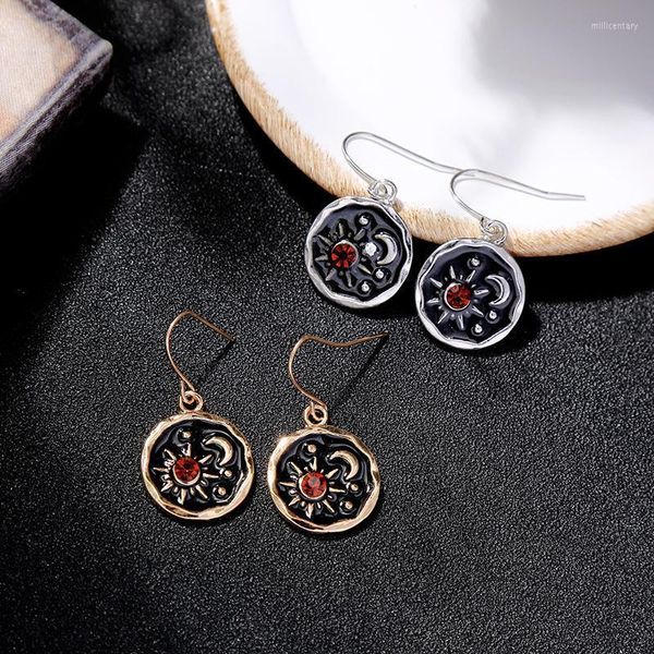 Cuelga la lámpara Kissme Delicado Cristal Rojo Sol Luna Pendientes de gota redondos para las mujeres Esmalte negro Oro Plata Color Aleación Joyería Cuelga Mi