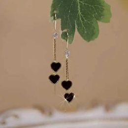 Chandelier en peluche coréen Black double coeur long allongez à glands d'oreille pour femmes mignon zircon brillant zircon géométrique pendentif oreille boucles d'oreilles bijoux