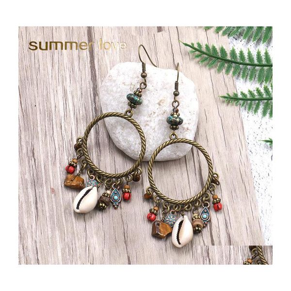 Dangle Lustre Grand Bohemian Vintage Or Boucles D'oreilles Pour Les Femmes À La Main Perlé Naturel Shell Cerceau Bord De Mer Vacances Bijoux Drop De Dhzgm