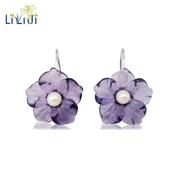 Lii Ji – boucle d'oreille en argent Sterling 925 véritable, lustre suspendu, fleur en cristal violet naturel, perle d'eau douce