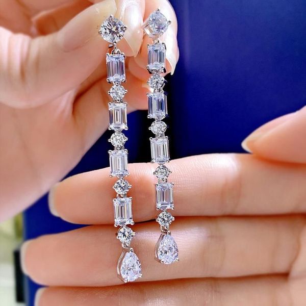 Dangle Lustre Longue Boucle D'oreille En Diamant 100% Réel En Argent Sterling 925 Boucles D'oreilles De Mariage Pour Les Femmes Promesse De Mariée Fiançailles J265i