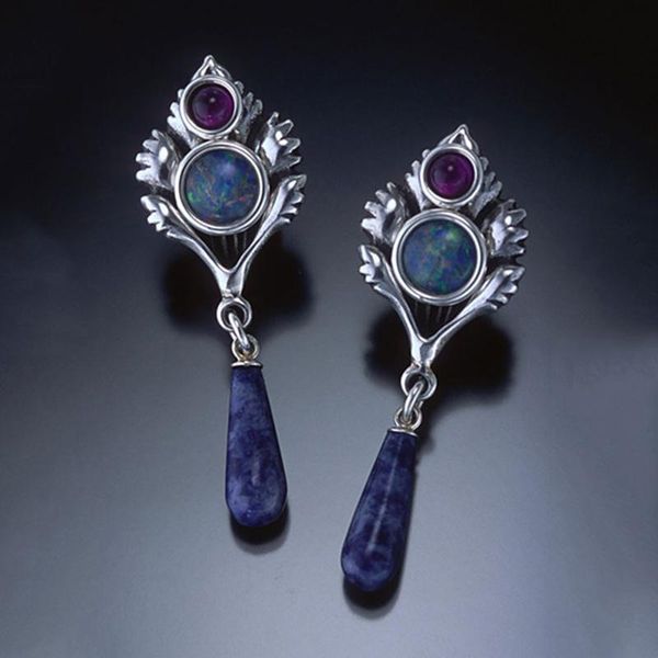 Dangle Lustre Longue Larme Bleu Foncé Pierre Boucles D'oreilles Pour Les Femmes Fantaisie Bijoux Imitation Opale De Feu Métal Brincos Feuille Sceptre Boucle D'oreille