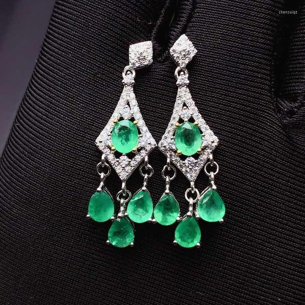 Dangle Lustre Luxueux Rétro Longue Ligne Naturel Vert Émeraude Boucles D'oreilles S925 Argent Gemstone Femmes Fête Cadeau JewelryDangle