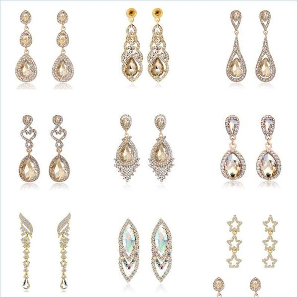 Dangle Lustre De Luxe Champagne Cristal Boucle D'oreille Or Couleur Bijoux De Mode Femme De Mariée De Mariage Longue Boucles D'oreilles Accessoires Dhpyq