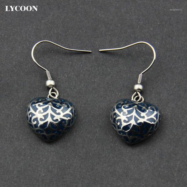 Dangle Lustre LYCOON En Acier Inoxydable Coeur Style Lady Boucles D'oreilles Avec Résine Bleu Foncé Émail Pour Les Femmes LYS0171