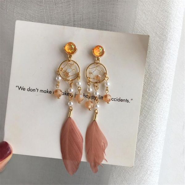 Boucles d'oreilles de rêve en maille pour femmes et filles, lustre suspendu, long et beau pendentif en plume, pompon, bijoux cadeaux