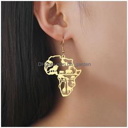 Chandelier enveloppe ma forme africa map boucles d'oreilles animales pour femmes lions éléphant singe girafe arbre en acier inoxydable bijoux africain gif otlbc