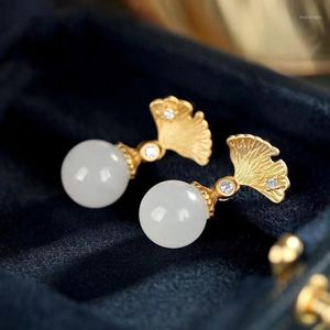 Dangle Chandelier Natural An White Jade Lotus Blossom Round Bead Boucles d'oreilles Style chinois Retro Court Charm Women's Christmas Halloween Gift