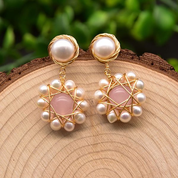 Boucles d'oreilles pendantes en perles d'eau douce naturelles pour femmes, lustre suspendu, bijoux en cristal rose à la mode pour mariage, vente en gros