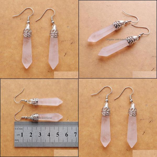 Cuelga la lámpara Natural Rosa Cuarzo rosa Piedra preciosa Cuelga los pendientes Hexagonal puntiaguda Reiki Chakra Cuentas para las mujeres Joyería Bdehome Dhits