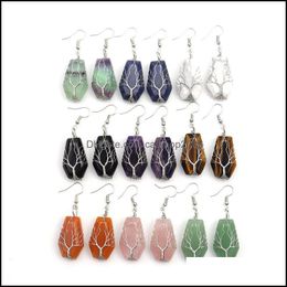 Dangle Lustre Pierre Naturelle Cristal Agate Dangle Boucles D'oreilles Wrap Arbre De Vie Lucky Treature Cercueil Forme Charmes Qui Dhseller2010 Dhkof