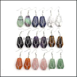 Dangle Lustre Pierre Naturelle Cristal Agate Boucles D'oreilles Wrap Arbre De Vie Chanceux Traité Cercueil Forme Charmes En Gros Femmes Bijoux D Dhzic