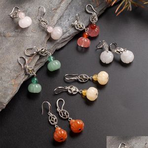 Dangle Lustre Boucles D'oreilles En Pierre Naturelle Sculpture Mini Petite Citrouille Cristal Agate Pierre Précieuse Goutte Avec Des Gemmes Noires Pour Les Femmes Partie Gi Dha5Z