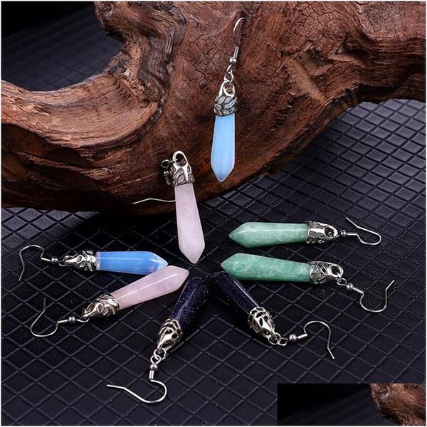 Dangle Lustre Pierre Naturelle Hexagone Boucles D'oreilles Reiki Cristaux De Guérison Quartz Rose Pour Les Femmes Bijoux Drop Delivery Dhkdl