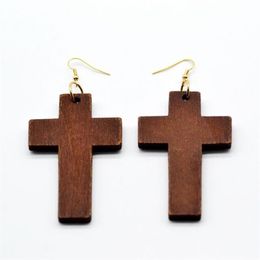 Boucles d'oreilles en forme de croix en bois naturel pour femmes, lustre suspendu, bijoux de foi à la mode, Whole230P