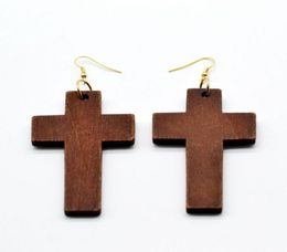 Boucles d'oreilles en forme de croix en bois naturel pour femmes, lustre suspendu, bijoux de foi à la mode, Whole7403068
