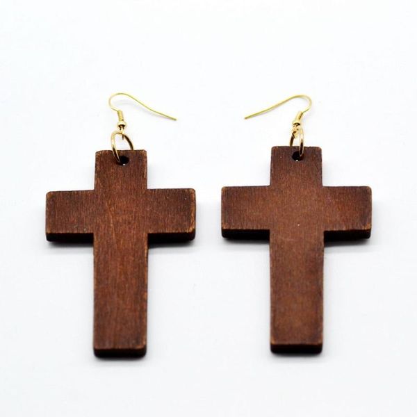 Dangle Chandelier Natural Wooden Cross Boucles d'oreilles pour les femmes Fashion Faith Jewelry Wholesale