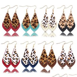 Dangle Lustre Nouvelle Arrivée Impression Léopard Boucles D'oreilles Automne Hiver Double Couches Feuille En Cuir Véritable Pour Les Femmes Charme Cadeau De Dhlbq