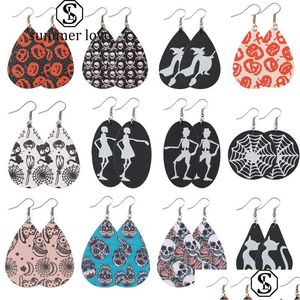 Dangle Lustre Nouveau Noël Halloween Boucles D'oreilles En Cuir Pour Femmes Filles Larme Citrouille Hibou Chat Sorcière Fleurs Skl Imprimer Pétale Dhsqm