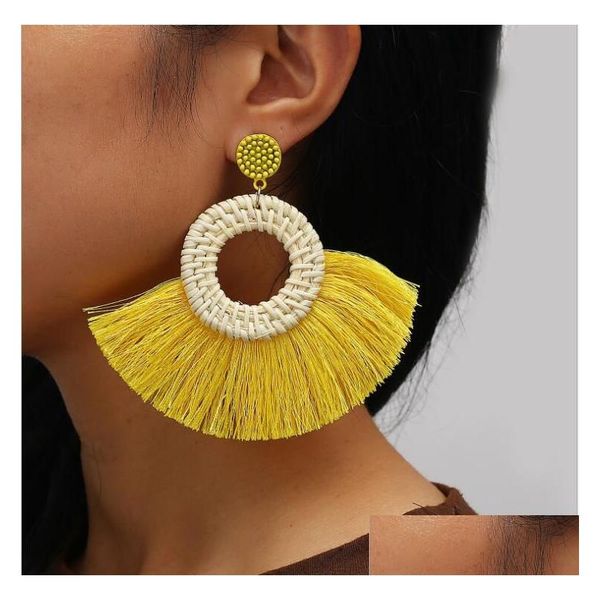 Dangle Chandelier New Handmade Circle Fan Shaped St Tassel Boucles D'oreilles Pour Les Femmes Tissé Rotin Hoop Fringe Drop Boucle D'oreille Conception Bijoux Dhsl0