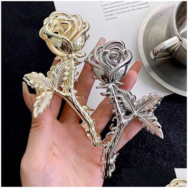 Cuelga la lámpara New Vintage Metal Rose Grip Garras para el cabello Moda para mujer Updo Clip Shark Romantic Sier 3D Flower Headwear Accesorios D Ot1Ye