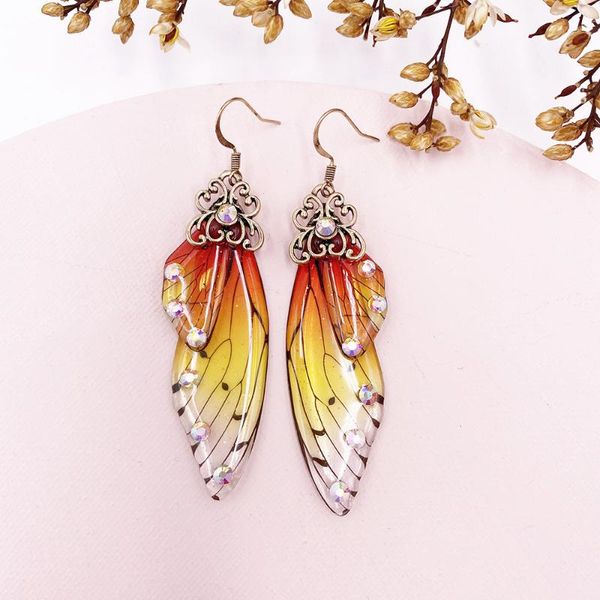 Dangle Chandelier Orange Pearl Boucles d'oreilles à tige en argent sterling 925 véritable pour femmes, pures et fraîches, silencieusement élégantes, boucles d'oreilles en forme d'aile de cigale J