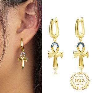 Bengelen kroonluchter origineel design trendy sieraden 18k goud vergulde zirkoon Egyptische ankh kruis drop oorbellen hoepel voor vrouwen zilver 925 230428