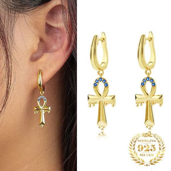 Dangle Lustre Design Original Bijoux À La Mode Plaqué Or 18k Zircon Égyptien Ankh Croix Boucles D'oreilles Créoles pour Femmes Argent 925 230428