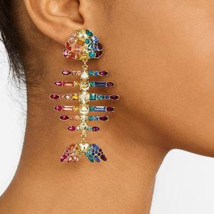 Dangle Lustre Paire De Strass Coloré Boucles D'oreilles En Forme De Poisson Exagéré Gros Alliage Os De Poisson Dangler Femmes Mode Personnalité Goutte D'oreille