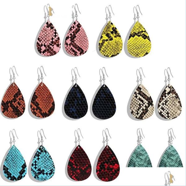 Dangle Lustre Pu Boucles D'oreilles En Cuir Motif De Peau De Serpent Personnalité De La Mode Goutte D'eau Double Face Bijoux Femmes Dangle Oreille Pendan Dhsjh