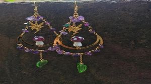 Lustre suspendu champignon violet debout sur la lune avec feuille, boucles d'oreilles Amythest, bijoux Cottagecore Witchy BohoDangle4397507