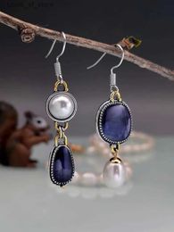 Chandelier en peluche ethnique rétro Asymétrie en pierre violette bleue Boucles d'oreilles pour les femmes exagérées Art Two Tone Imitation Pearls Drop H240423