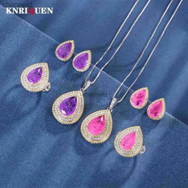 Cuelga la lámpara Retro Pera Amatista Rosa Cuarzo Collar Colgante Anillo Pendientes Mujer Lujo Boda Fiesta Joyería Fina Conjunto Regalo de aniversario HKD230822