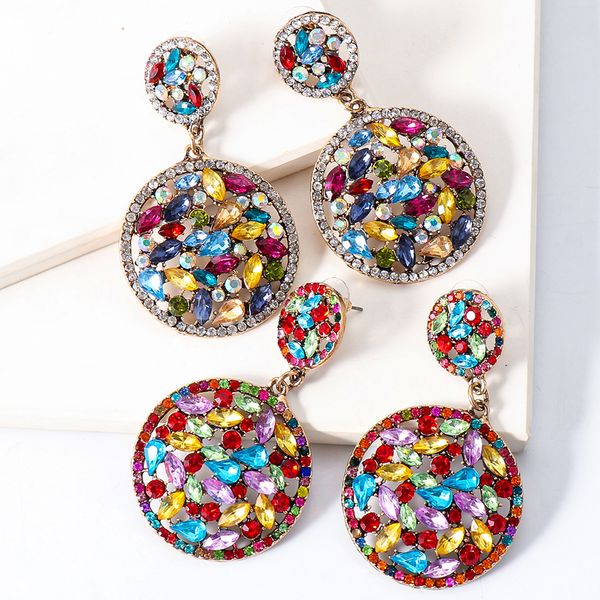 Dangle Lustre Rétro Forme Ronde Coloré Strass Zircon Boucles D'oreilles pour Femmes Élégant Cristal De Haute Qualité Bijoux De Fête Cadeaux En Gros