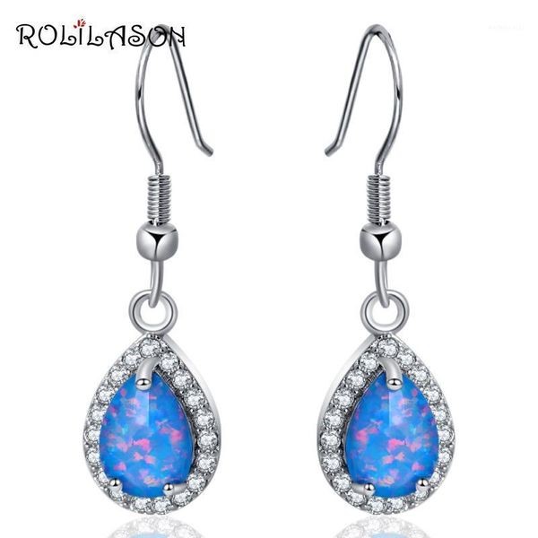 Cuelga la lámpara ROLILASON Zirconia gota de agua diseño Super proveedor azul ópalo de fuego plata joyería de moda pendientes OE6841